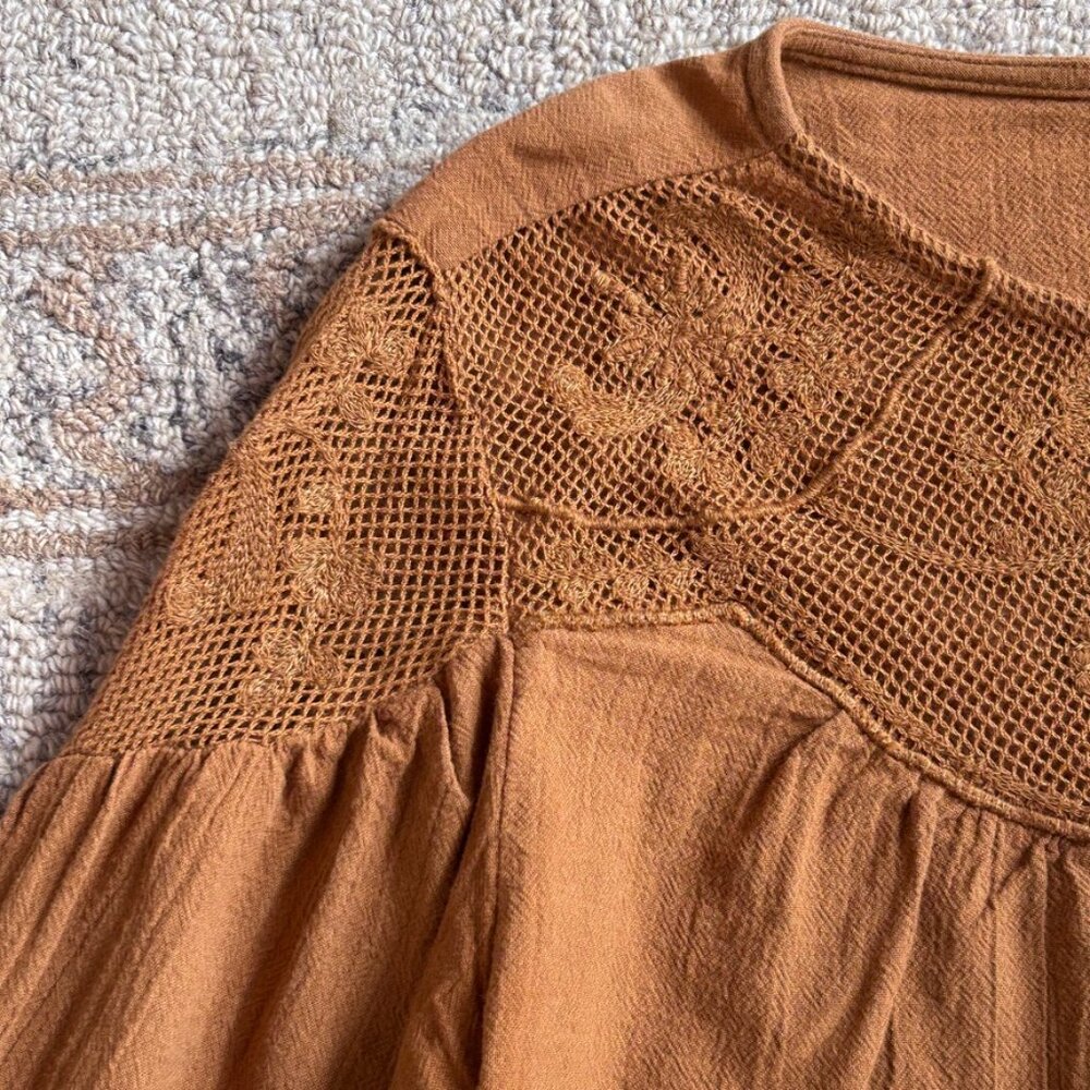 Brown Embroidered Lace Yoke Peasant Blouse Cotton Boho Folk Anthropology women L - Picture 7 of 16